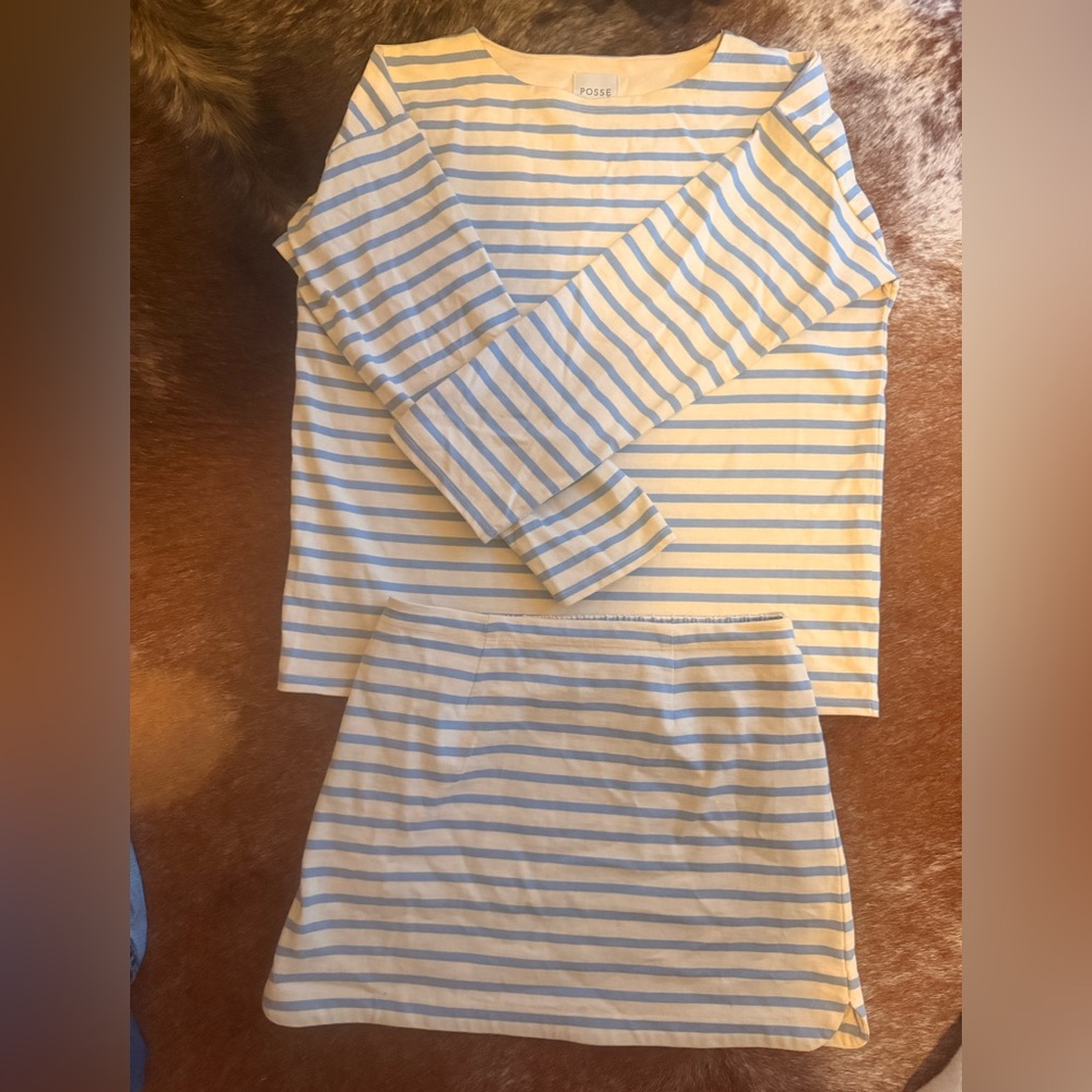 POSSE-Striped Two-Piece Top and Skirt Set in Light Blue and White